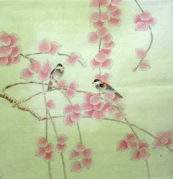 Pássaros e folhas - Pintura Chinesa