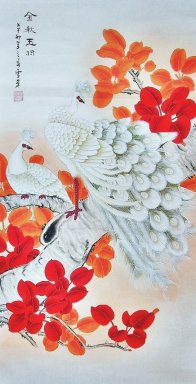 Peacock y hojas de color rojo - pintura china