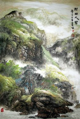 Arbres, rivière, maison - Peinture chinoise