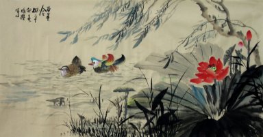 Mandarin Duck & Lotus - peinture chinoise