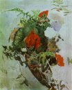 Rode Bloemen en Bladeren van Begonia In Een Mand