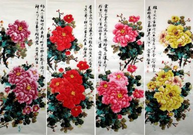 Pion (fyra skärmar) - kinesisk målning