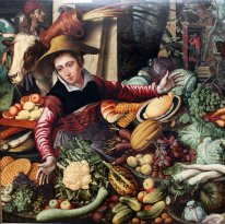 Mujer del mercado en un puesto de verduras