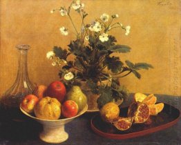 Stilleben blommor bunken av frukt och Pitcher 1865