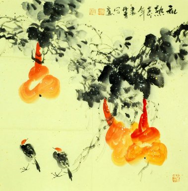 Reuzenpompoen&Vogels - Chinees schilderij