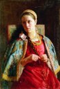 Retrato de la señora joven en el traje ruso