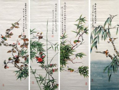 Birds & Flower (fyra skärmar) - kinesisk målning