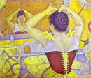 Mulher Ela Toilette que desgasta um espartilho roxo 1893