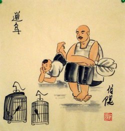 Gamla Beijingers, spela fåglar - kinesisk målning  Gamla Beijingers, spela fåglar - kinesisk målning