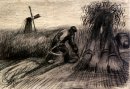 Champ de blé avec Reaper Et Femme rurale Gerbes obligatoires 188