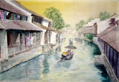 Un paisaje, acuarela - la pintura china