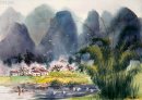 Montagnes, ferme, aquarelle - peinture chinoise