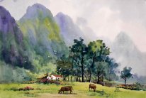 Montagnes, arbres, aquarelle - peinture chinoise