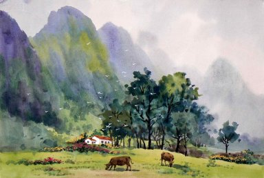 Bergen, bomen, waterverf - Chinees schilderij