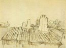 Toit de tuiles avec cheminées et le clocher de 1888