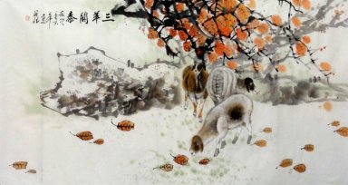Sheep-Maple Leaf - Chinese Painting