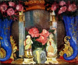 Ainda vida com estatuetas de porcelana e rosas