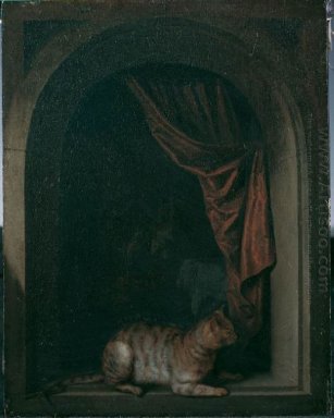 Um gato na janela de estúdios de um dos pintores