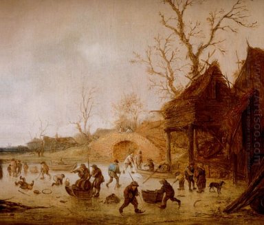 Un paysage d\'hiver avec des patineurs, des enfants jouant Kolf e