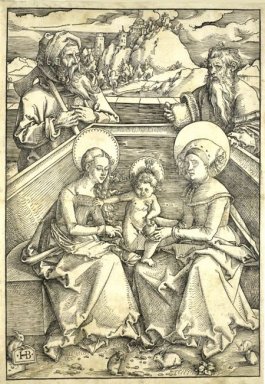 Den heliga familjen med St Anne och St Joachim Gravure Sur Bo