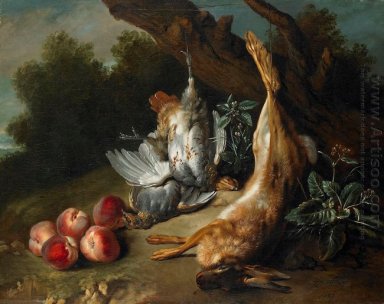 Натюрморт с мертвой игры и персиков в пейзаже