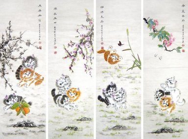Cat (quattro schermi) - Pittura cinese