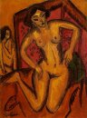 Female Nude Kneeling Before A Red Screen