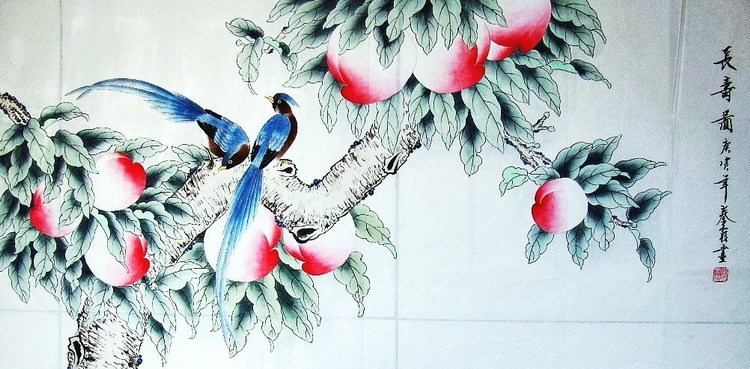 Chinese Maggies and Peach Painting