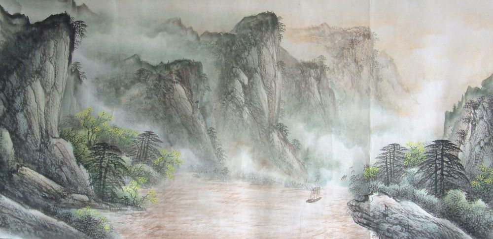 Playing Music in the Mountains Vertical Chinese Wall Art 