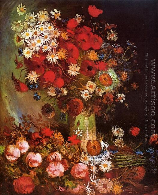  Vase with Poppies, Cornflowers, Peonies and Chrysanthemums 
