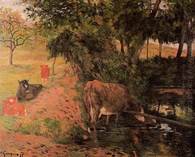 Landschaft mit Kühen in einem Obstgarten 1885
