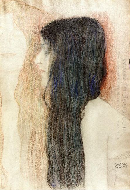 Menina com cabelo longo com um esboço para Nude Veritas 1899