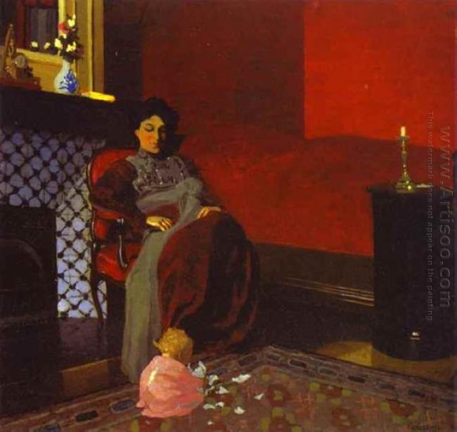 Interior Red Room With Woman And Child 1899