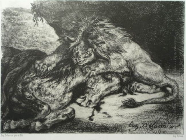 Lion divora un cavallo arabo 1850