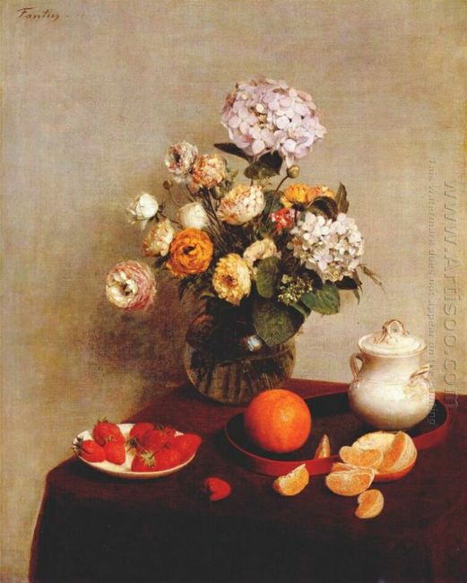 Still Life Vase d'hortensias Et Ranunculus 1866