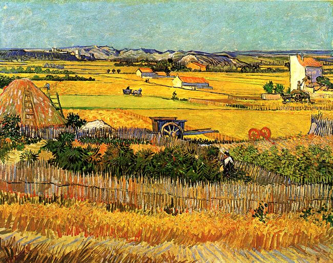 Урожай В Ла-Кро С Montmajour в фоновом режиме 1888