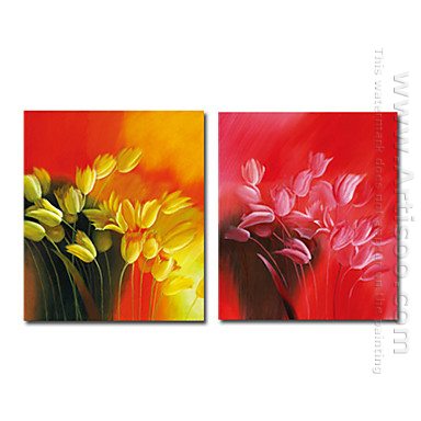 Handgeschilderde Bloemen olieverfschilderij - Set van 2