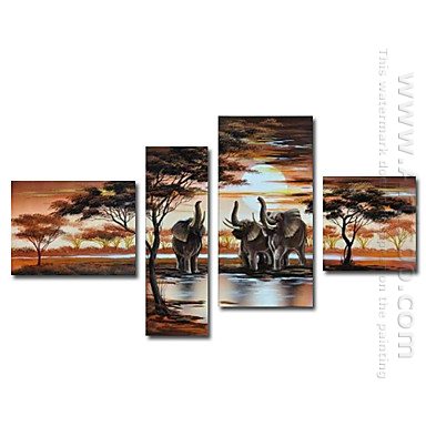 Hand-painted Oil Painting Animal Oversized Wide - Set of 4 