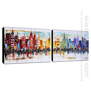Hand Painted Oil Painting Architecture Wide - Set of 2